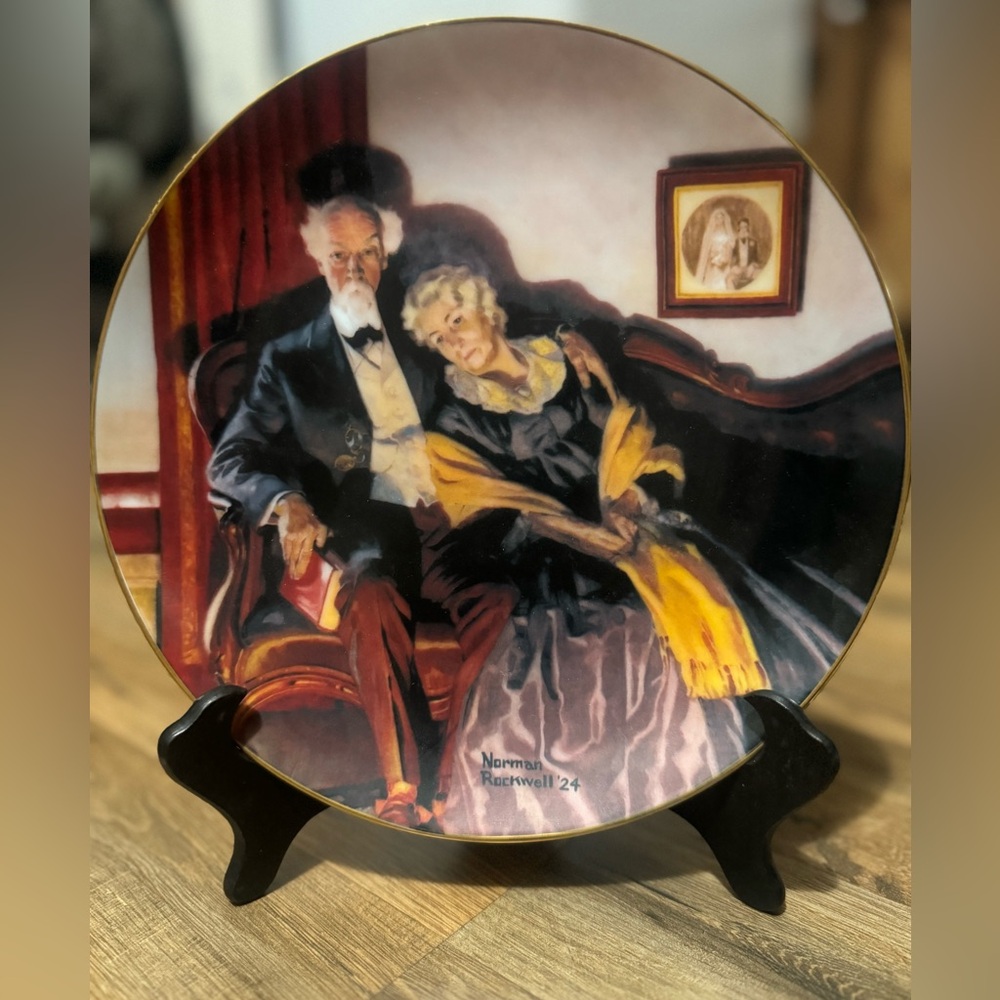 Norman Rockwell Decorative Plate with Gold and Yellow Accents